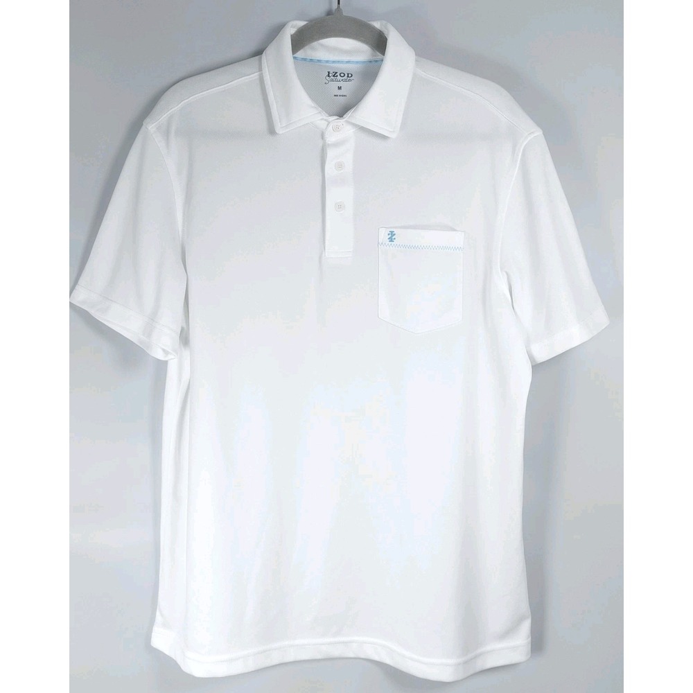 Izod Saltwater Polo Shirt Men M White Blue Trim‎ Short Sleeve Pocket Stretch